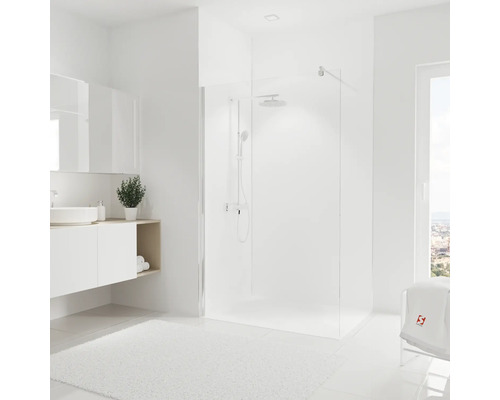 Duschrückwand-Set Schulte Decodesign2550x900x3 mm Unifarbe weiß Helles Badezimmer mit Dusche, Waschbecken und Spiegel