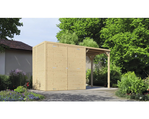 Holzgartenhaus mit integriertem Unterstand im Außenbereich