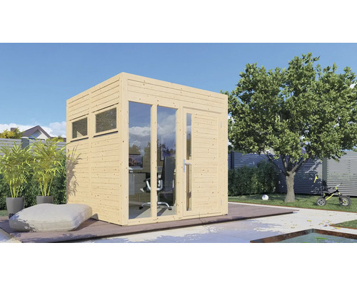 Modernes Gartenhaus aus Holz mit Fenstern und Tür auf einer Terrasse