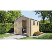Garten mit Gerätehaus aus Holz und geöffneter Tür, in dem ein Fahrrad steht