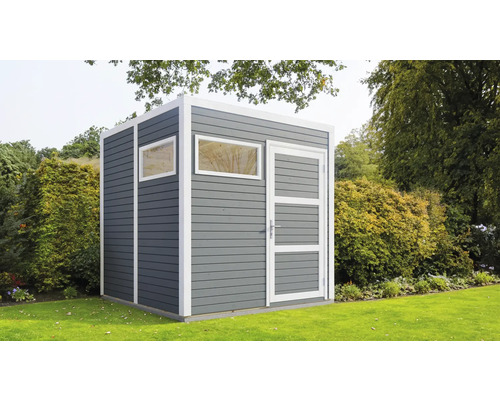 Gartenhaus Cubo 2 mit Fußboden 226 x 240 cm hellgrau exclusiv bei Hornbach Gartenschuppen mit Fenster und Tür in einem Garten