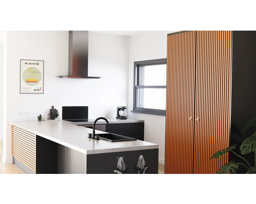 Helle Küche mit Kücheninsel, Dunstabzugshaube und Schrank mit Holzlamellenfronten