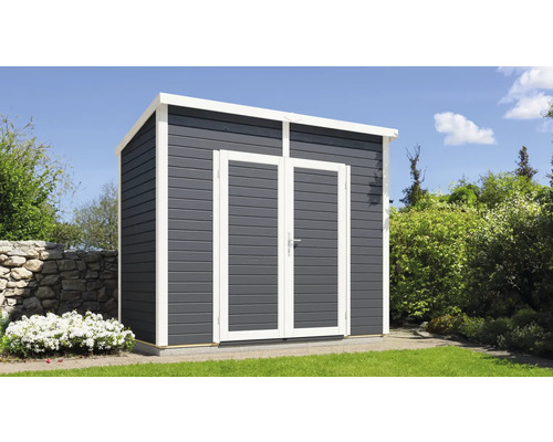 Gerätehaus Bertilo Timmo 2 mit Fußboden 251 x 140 cm anthrazit exclusiv bei Hornbach Gartenschuppen mit Doppeltür und Satteldach