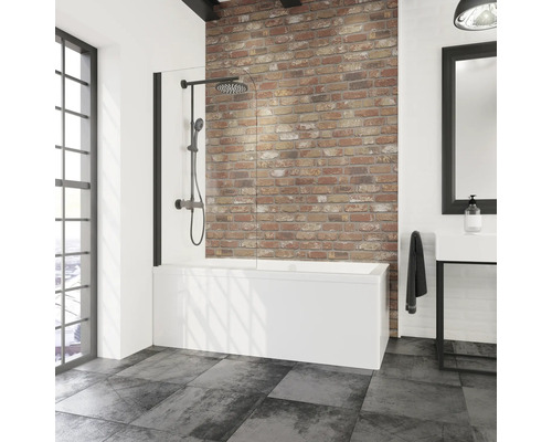 Badewannenfaltwand Schulte Komfort ExpressPlus 1-teilig 800x1400 mm schwarz Modernes Badezimmer mit Badewanne, Duschwand und Armaturen vor einer Backsteinwand