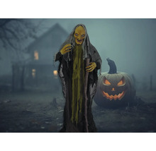 Halloween-Szene mit einer Hexenfigur und einem Kürbis mit geschnitztem Gesicht