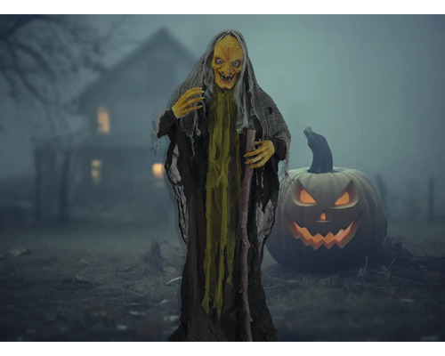 Dekofigur Halloween stehende Hexe 23x110x160 cm grau-braun animiert mit Soundeffekt