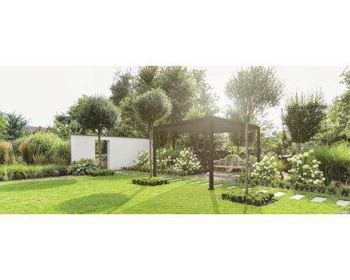 Pergola Mirador Deluxe 3x3.6 Pfostenstärke 11 x 11 cm 301,24 x 362,2 cm anthrazit Gestalteter Garten mit Rasenfläche, Pflanzen und Pavillon