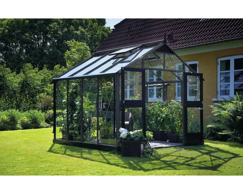 Gewächshaus JULIANA Premium 8,8 m² Sicherheitsglas 3 mm inkl. Fundament 296 x 296 cm anthrazit/schwarz