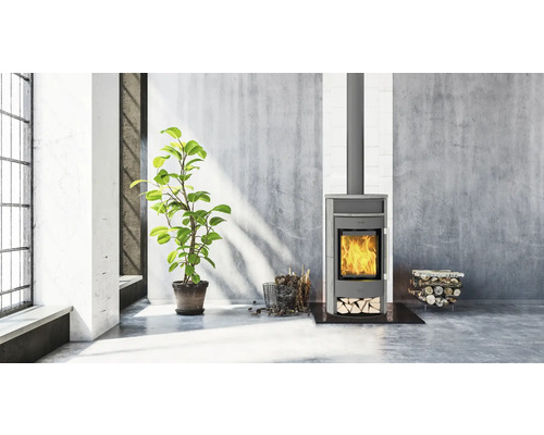 Kaminofen mit Holz und Pflanze in modernem Raum