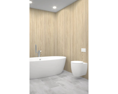 Modernes Badezimmer mit freistehender Badewanne und Wand-WC vor Holzwand