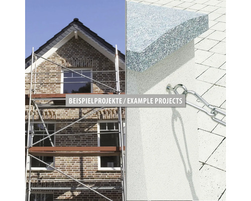 Beispielprojekte: Ein Haus mit Gerüst und eine Detailansicht von Dämmmaterial.