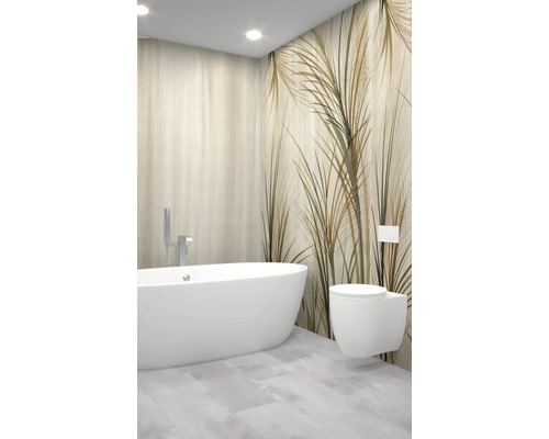 Modernes Badezimmer mit freistehender Badewanne, Wand-Tiefspüler und gemusterter Wandverkleidung