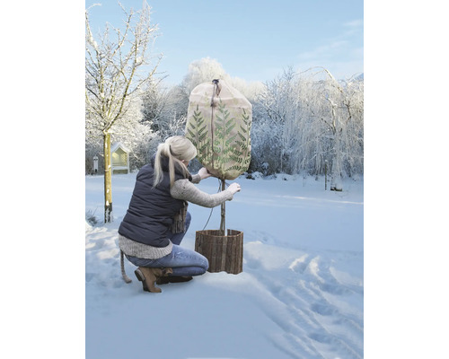 Frau bringt Winterschutzhülle an einem Baum im Garten an