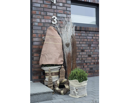 Dekorative Pflanzengestaltung vor einer Haustür mit Pflanzen, Winterschutz, Kranz und Dekorationselementen.