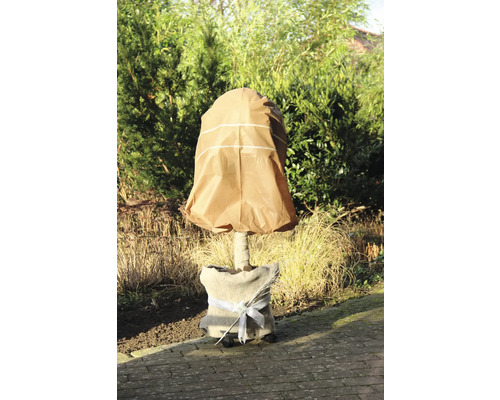 Eingepflanzter Baum mit Winterschutzhaube und Jutesack im Garten.