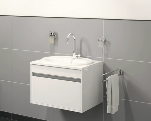 Badezimmer Waschbecken mit Unterschrank, Armatur, Seifenspender, Zahnputzbecher und Handtuchhalter zur Wandmontage