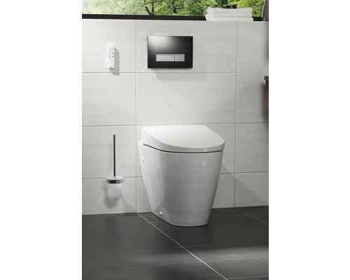 Badezimmer mit wandhängendem WC, Betätigungsplatte und WC-Bürste