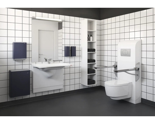 Barrierefreies Badezimmer mit Toilette, Waschbecken und Ablagefläche
