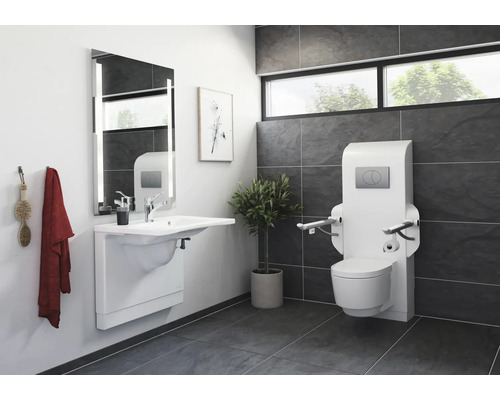 Barrierefreies Badezimmer mit Waschtisch, Spiegel und WC mit Haltegriffen.