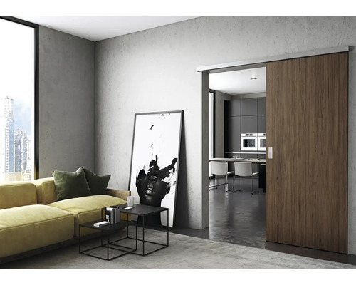 Wohnraum mit Schiebetür, Sofa und Kücheneinblick