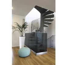 Innenaufnahme mit Wendeltreppe, Glasbrüstung, Pflanze im Topf und Pouf