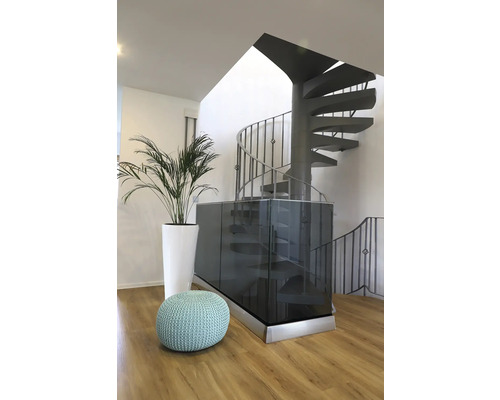 Innenraum mit Wendeltreppe, Zimmerpflanze im Topf und Sitzpouf