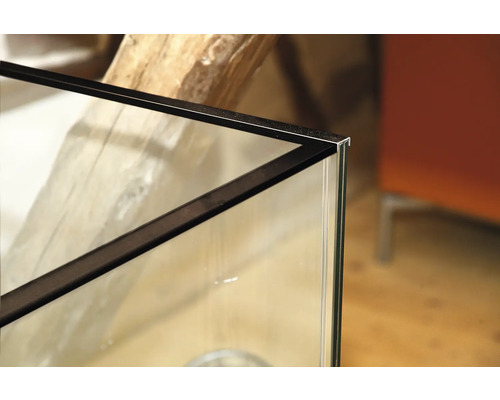 Detailansicht eines Aquariums mit Glas und schwarzem Rahmen