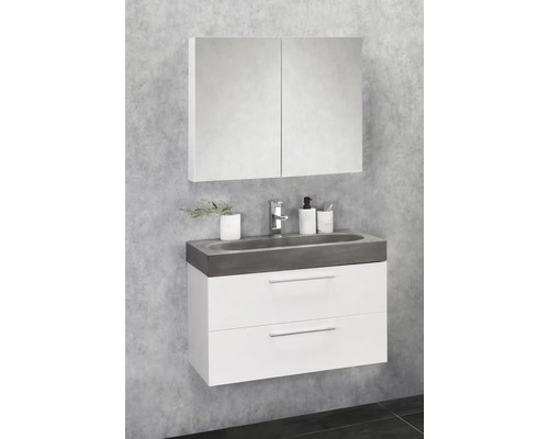 Modernes Badezimmer mit Waschtischunterschrank, Aufsatzwaschbecken und Spiegelschrank