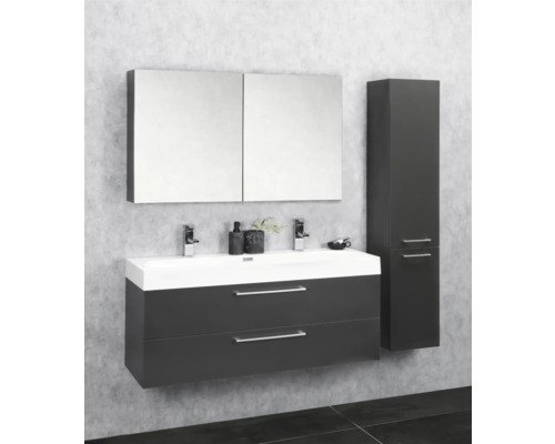 Badezimmer mit Waschbeckenunterschrank, Spiegelschrank und Hochschrank