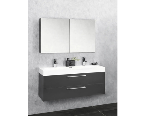 Hängender Waschtisch mit zwei Schubladen, Aufsatzwaschbecken und Spiegelschrank im Badezimmer.