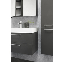 Badezimmer mit Waschbeckenunterschrank, Spiegelschrank und Hochschrank