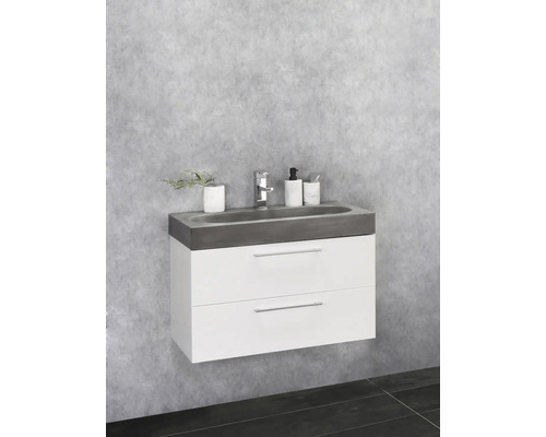 Waschtisch mit zwei Schubladen und Aufsatzwaschbecken im Badezimmer