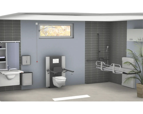 Barrierefreies Badezimmer mit Toilette, Waschbecken und Dusche für Menschen mit eingeschränkter Mobilität