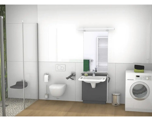 Barrierefreies Badezimmer mit Dusche, Toilette, Waschbecken und Waschmaschine