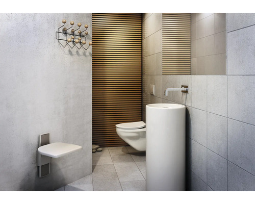 Modernes Badezimmer mit Toilette, Waschtisch, Wandhocker und Garderobe.