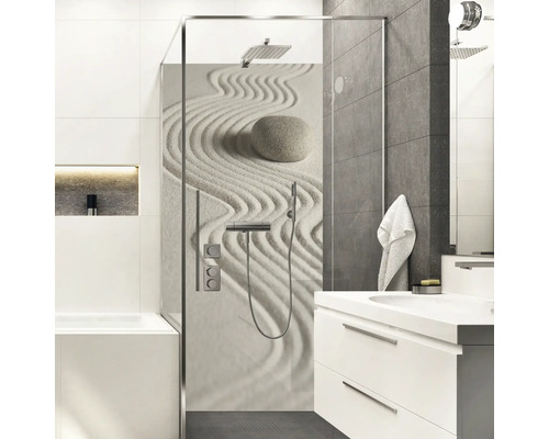 Duschrückwand mySpotti Shower Zen 2550x1000x3 mm Dekor Steine Sand Modernes Badezimmer mit Duschkabine, Waschtisch und Badewanne