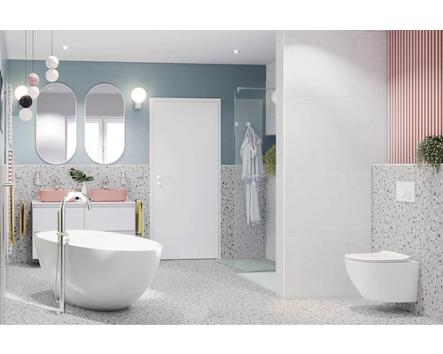 Modernes Badezimmer mit freistehender Badewanne, Waschtisch mit zwei Waschbecken und Wandtoilette
