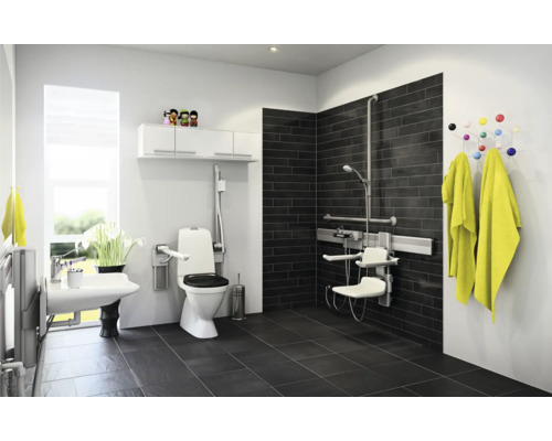 Barrierefreies Badezimmer mit Toilette, Waschbecken und Dusche mit Haltegriffen