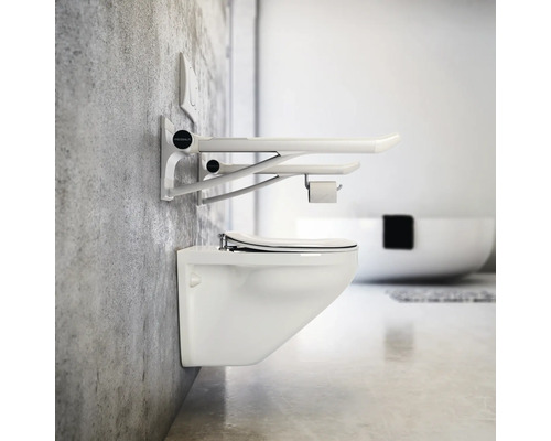 Wand-WC mit Haltegriff im Badezimmer.