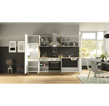 Moderne Küche mit offenen Schränken, Kühlschrank, Herd und Spüle