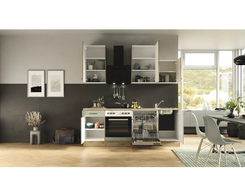 Moderne Küche mit Einbauschränken, Dunstabzugshaube, Spüle, Geschirrspüler und Elektroherd.