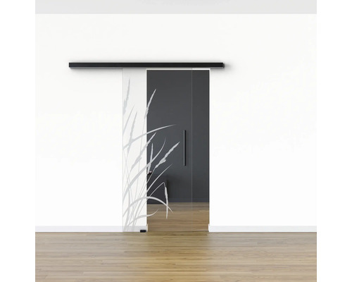 Glasschiebetür mit Gräser-Motiv vor weißer Wand