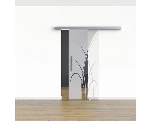 Schiebetür aus Glas mit Dekor vor einer Wand