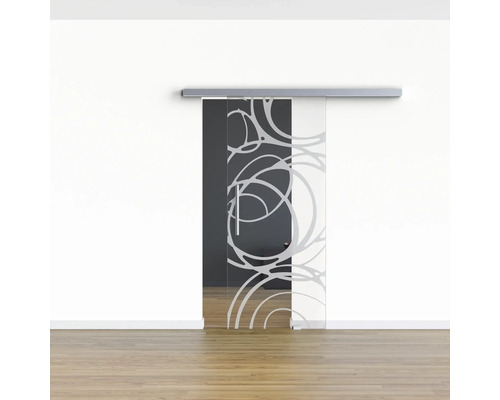 Glasschiebetür mit silberfarbenem Muster und Schiebetürsystem vor einer Wand