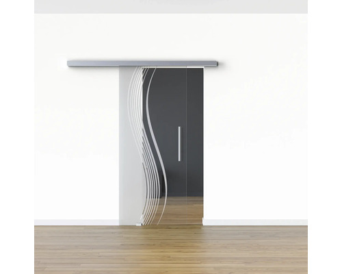 Glasschiebetür mit Wellenmuster in einem hellen Raum