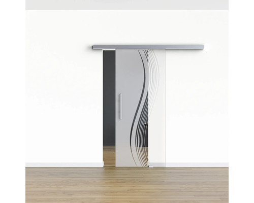 Schiebetür aus Glas mit Wellenmuster vor einer Wand