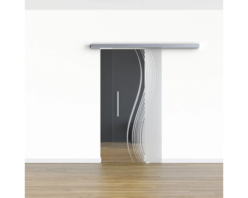 Glasschiebetür mit Wellendesign vor einer Wand