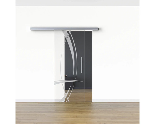 Glas-Schiebetür mit Dekor vor einer Wand