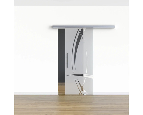 Schiebetür aus Glas mit Designelementen vor einer Wand