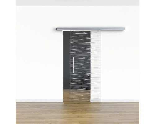 Glasschiebetür mit horizontalem Wellenmuster und Griff in einem Zimmer